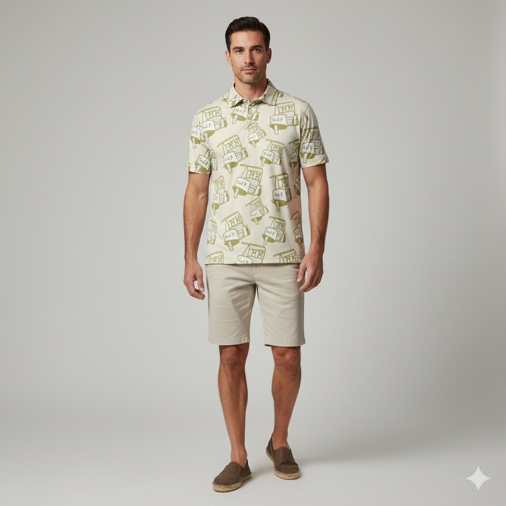 SOSIK Men's Polo Shirt Size M Yellow Golf Cart Print‎ Short Sleeve Luxury Sport